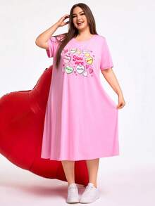 SHEIN CURVE+ 加大码/情人节/加大码红色心形印花长裙，情人节 - 粉色 - 查看 4