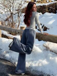 Abrilcols 秋冬新款休闲宽松弹力腰阔腿运动裤加厚保暖内衬百搭修身 - 深灰色 - 查看 6