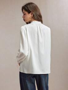 BizChic 2026 Spring/Summer New White Textured Crinkle Fabric Lace Trim Ribbon Patchwork Front Button Closure Ladies Blouse - White - View 8