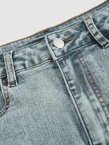 SHEIN MOD Chân váy ngắn denim nữ kiểu dáng thường ngày, đa năng, có túi và gấu xắn. - Rửa nhẹ - Xem 3