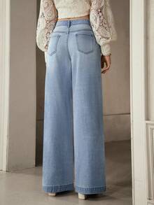 Selenza 女士花卉刺绣口袋阔腿宽松休闲百搭牛仔裤 - 藍色 - 查看 2