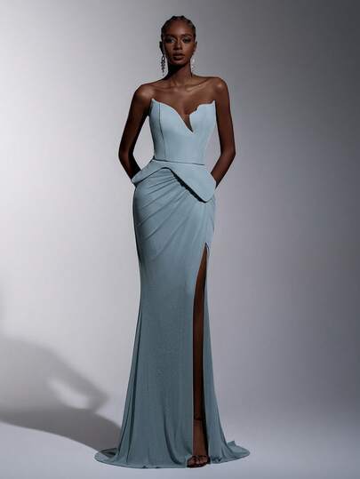 Elitara Elegant, Romantic, Fashionable Gray-Blue Elastic Mesh Fabric Strapless Pleated Decor Front Slit Halter Mermaid Hem Elegant Party Dress, Wedding Guest Dress, Blue Dress, Fashionable Formal Gown, Bridesmaid Dress, Formal Evening Dress