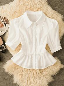 GlowEve Women's Waist Cincher Short X-Shaped Puff Sleeve Elegant French Style White Blouse, Spring/Summer - White - View 1