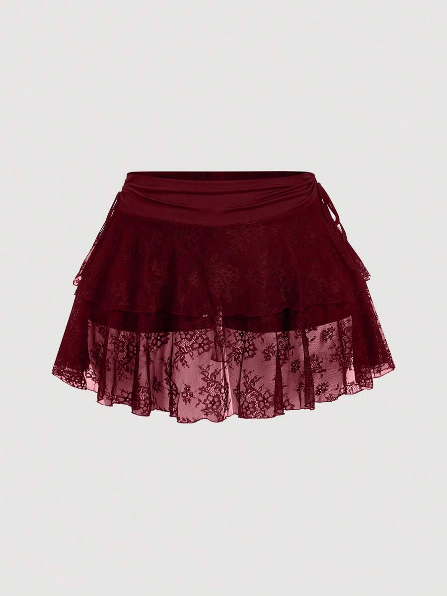 SHEIN MOD Damen Minirock in Große Größen mit schwarzer Spitze und Tunnelzug, Neujahrskostüme, Rave-Outfits, Festival, Y2K-Kleidung, sexy Rock, Western-Bekleidung für Frauen, Sommeroutfits für Frauen, Country-Outfits, Valentinstag, Kreuzfahrt-Outfits für Frauen, sexy - Bordeaux - Übersicht 1