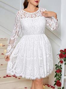 SHEIN Clasi Đầm dài tay thanh lịch dành cho nữ cỡ lớn, họa tiết hoa ren, thắt lưng. - trắng - Xem 5