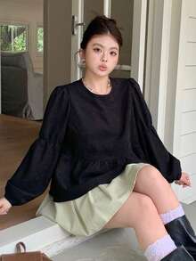 Dazy Plus Black Lantern Sleeve Loose Fit Pullover Blouse, Round Neck, Spring/Autumn