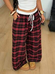 Coolane Women's Plus Size Spring/Summer Casual Daily Wear Basic Loose Checked Plaid Patchwork Wide Leg Pants