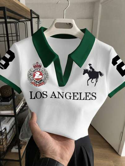 Rovax 女士休闲撞色字母印花上衣，夏季