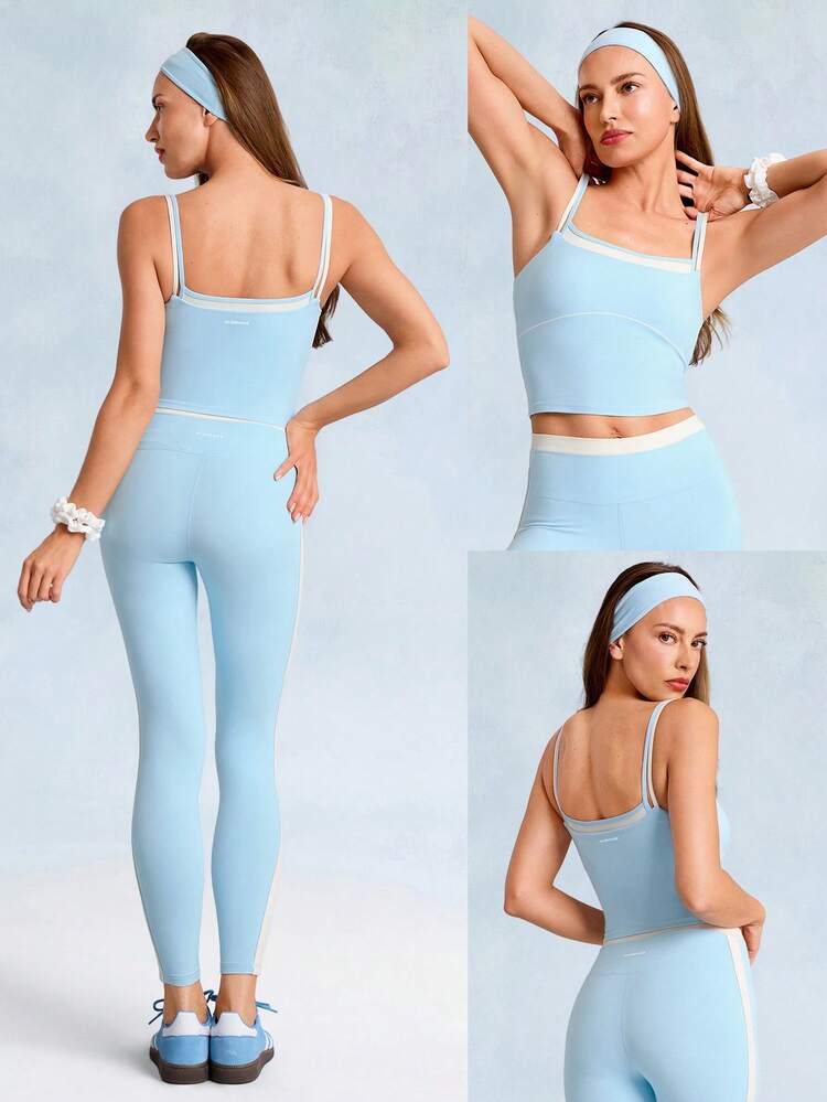 FeatherFit™ Soft Start Buttery-Soft Contrasting Seams 2-Piece Spaghetti-Strap Tank Top Low Impact Yoga Pilates Studio Daily Casual Wear Removable Cups
