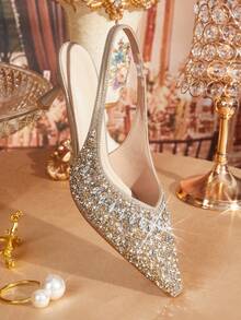 CUCCOO TILAWA Tacones de satén con punta abierta y strass plateados para bodas para mujeres para Navidad - Dorado - Ver 3