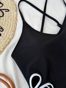 SHEIN Teen Girls' Black Floral Cutout One-Piece Swimsuit, Snug Fit, Sleeveless, Sweet Beach Vacation Surfing - Black - View 4