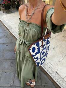 Breezaya 女士两件套露肩灯笼袖收腰A字宽松休闲度假套装，适合春夏穿着 - 軍綠色 - 查看 3