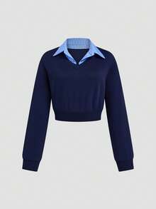 Sweetra Plus Size Contrast Color Casual Loose Fit Pullover Sweatshirt - Blue - View 1