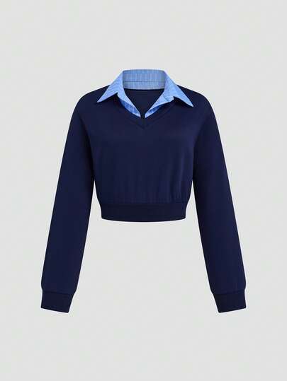 Sweetra Plus Size Contrast Color Casual Loose Fit Pullover Sweatshirt