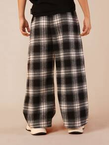 SUMWON Calça xadrez para pré-adolescentes com estampa de números grandes, cintura elástica, confortável e casual para férias. - Preto - Ver 2