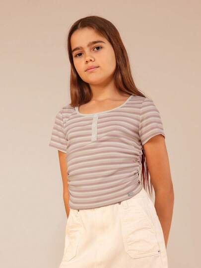 SUMWON Striped Short Sleeve Crew Neck Henley Style Button Front Ribbed Top For Spring Summer Casual Everyday Wear