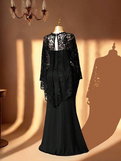 DreamSkyne 大码女式派对蕾丝披肩和紧身衣两件套，黑色