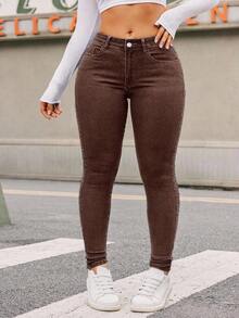 SHEIN ICON Damen Jeans in Große Größen mit Taschen, Skinny Fit, vielseitig einsetzbar - Kaffeebraun - Übersicht 3