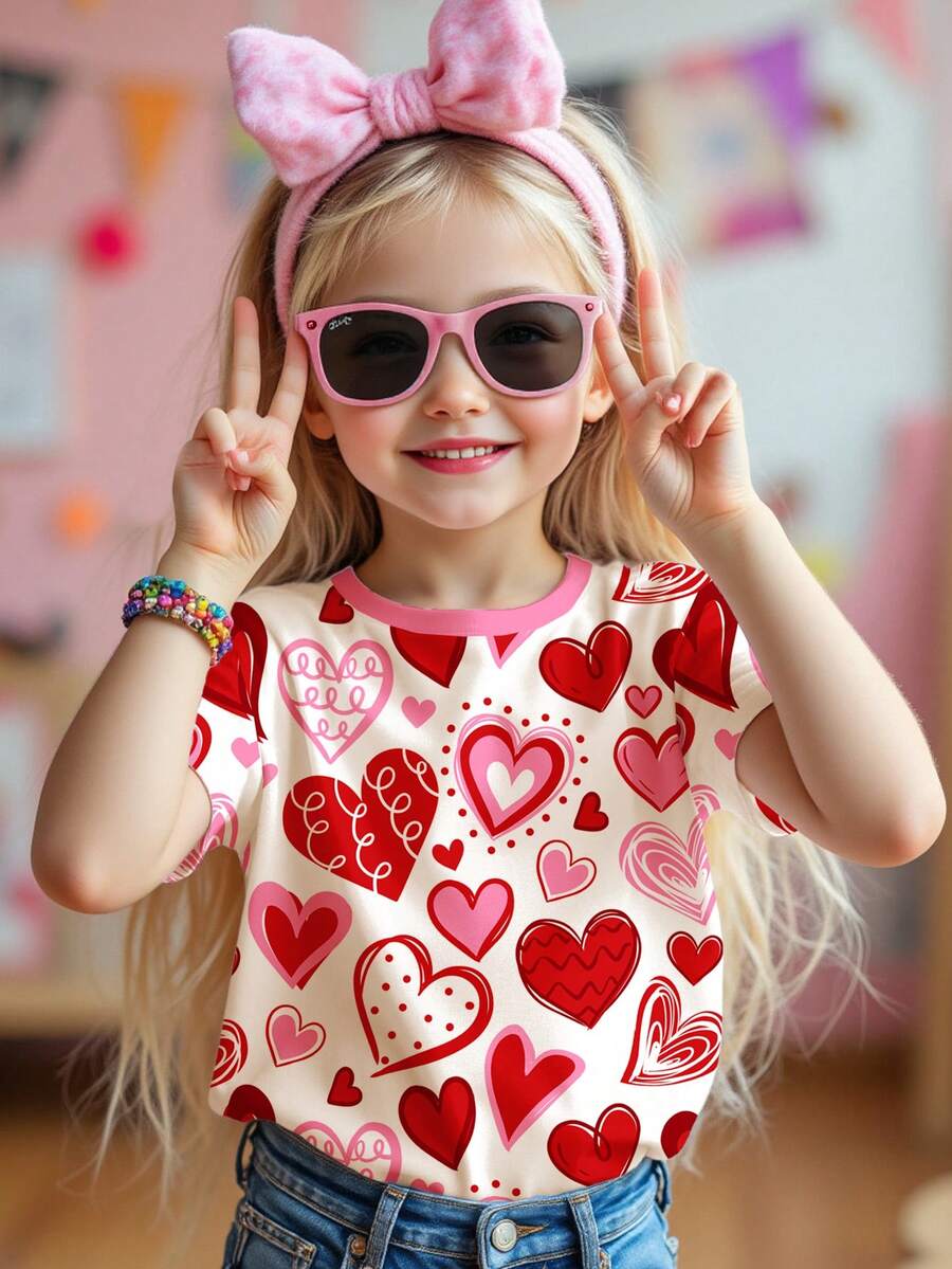 SHEIN Süßes und niedliches Mädchen Rosa Herz Grafik T-Shirt, lässiges minimalistisches Kurzarm Rundhals T-Shirt, geeignet für Frühling & Sommer Alltag, stilvoller Mädchen Lässig Outfit, süße Herz Grafik Kleidung, neuer Stil, Homecoming, Valentinstag Stimmung