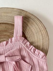 SHEIN Young Girl' Sweet Cute Pink Spaghetti Strap Ruffle Bow A-Line Cake Dress, Suitable For Spring/Summer Parties, Outings, Daily Wear - Pink - View 6