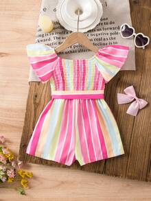 SHEIN Newborn Baby Girl Vacation Casual Pink Striped Short Sleeve Romper With Belt - Multicolor - View 3