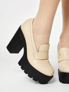 ROMWE Kawaii Fashionable Versatile Commute Thick Sole Chunky High Heel Pumps Y2K 2000s Style - Beige - View 2