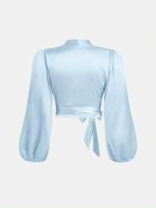 SHEIN MOD Plus Size Women's Black Wrap-Style Tie Bow Lantern Sleeve Shirt Silk Blouse Wrap Tops For Women Baby Blue Top Women Light Blue Top Light Blue Blouse - Baby Blue - View 2