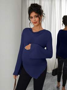 SHEIN Áo thun bầu cổ cao tay loe vạt lệch có dây rút, thích hợp mặc mùa thu/đông. - Xanh đậm - Xem 4