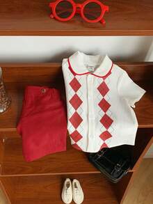 SHEIN 男婴夏季红色格子领白色衬衫和红色短裤休闲套装（2件套），适合生日派对、锐舞派对、晚宴、演出、婚礼、迎婴派对、洗礼和一周岁生日庆祝活动。 - 彩色 - 查看 6