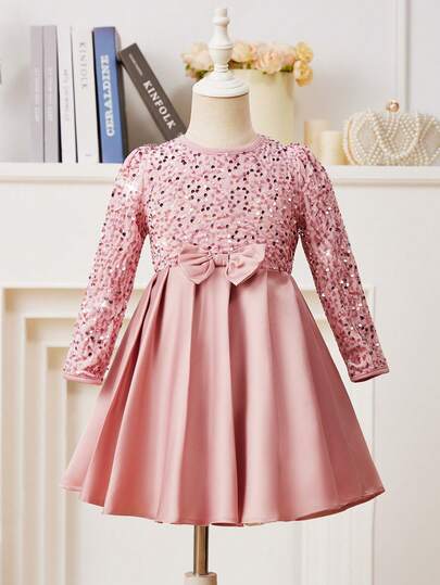 Glamorique Kids Girls Sequin Contrast Mesh Bow Decor Elegant Princess Dress Little Girl Long Sleeve Party Dress Party Dress For Young Girls In Autumn And Winter Pink Sequin Long Sleeve Dress Dusty Pink Long Sleeve Dress Kids Sequin Party Dress Elegant Long Sleeve Girls Dress Pink Sequin Party Dress Kids Elegant Long Sleeve Dress Pink Dress Prom Dress Birthday Dress