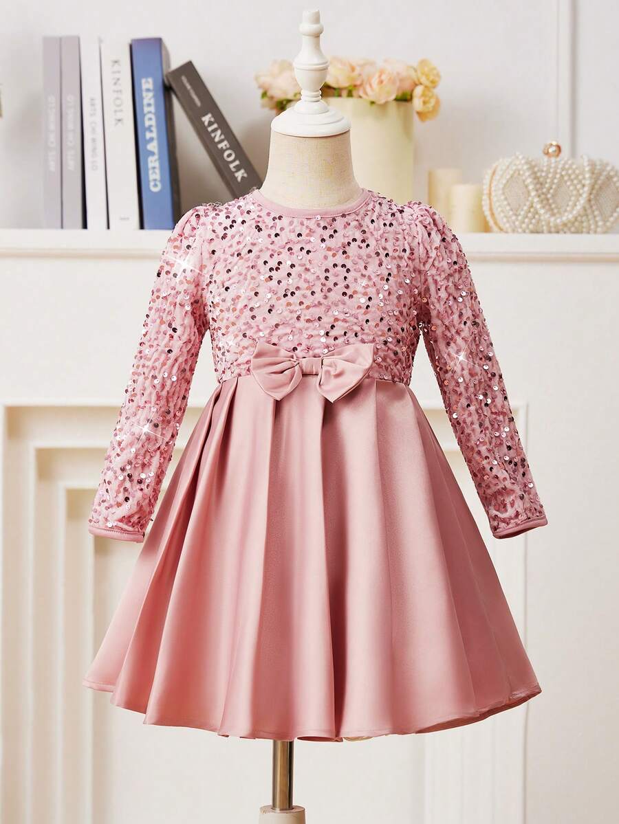 Glamorique Kids Đầm công chúa thanh lịch cho bé gái, phối lưới đính sequin và nơ. - Hồng - Xem 1