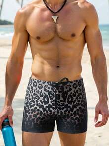 Manfinity Swimmode Men's Leopard Print Elastic Waist Casual Beach Party Swim Trunks Men Swim Trunks Board Shorts With Compression Liner Bathing Suit Quick Dry  ,Hawaiian - Multicolor - View 1