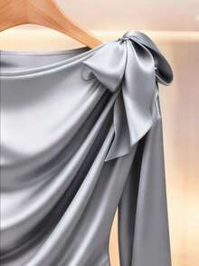 Modelyn 优雅纯色高品质缎面褶皱蝴蝶结腰部长袖女式衬衫 - 藍色 - 查看 3