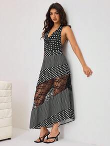 Aidyla 女士休闲街头风深V领波点撞色蕾丝中长连衣裙 - 黑與白 - 查看 6