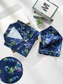 男童睡衣套装 - 两件套睡衣，短袖纽扣领上衣搭配同色短裤，藏蓝色霓虹游戏手柄印花，夏季家居服，休闲服，假日必备，2026 轻盈舒适 - 彩色 - 查看 3