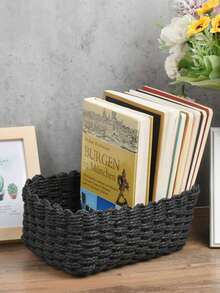1 pieza Set de 3 cestas tejidas a mano de paja marina con diseño geométrico bohemio para organización del hogar, baño, dormitorio, sala de estar, escritorio, estilo costero - Negro - Ver 5