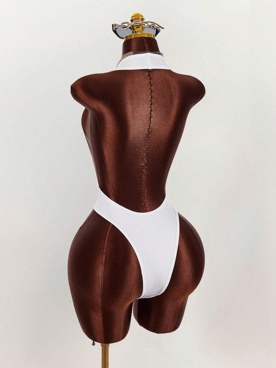 Amplova Women's Halter V-Neck Bodysuit, Backless Sexy & Avant-Garde, White Textured Fabric - White - View 1