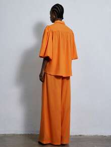 Aveloria Modichic Fashionable Design Sense, Versatile And Stylish Casual Wear, Modern Vacation Wear, A Bright Orange Lapel Puff-Sleeved Cardigan, Loose Pleated Long Pants Set, Ladies' Two-Piece Set - Orange - View 2