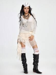 ROMWE Grunge Punk V-Neck Solid Color Long Sleeve Semi-Sheer Distressed Punk Style Sweater - Apricot - View 1