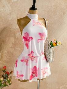 Soleia Women's Vacation Casual Floral Print Backless Halter Mini Dress - Pink - View 6