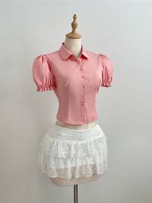 SHEIN Unity Camisa feminina de cor sólida com gola dobrável, abotoamento simples, moderna e versátil para o dia a dia. Manga bufante. - Rosa - Ver 6