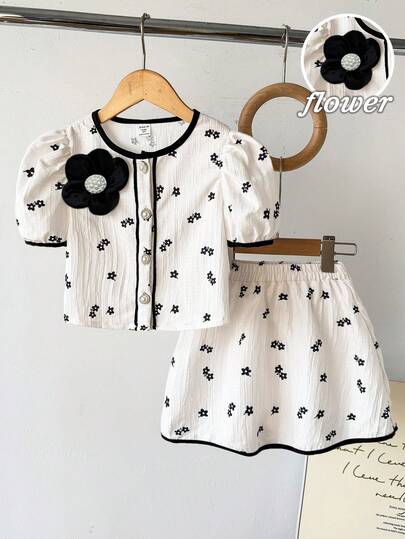 Girls (Small) Black & White Floral New Shirt Set, White Pearl Black 3D Floral Decor, Digital Floral Print Textured Fabric Short Puff Sleeve Shirt With Delicate White Pearl Buttons, Paired With Black & White Floral Digital Print Skirt, Suitable For Young GirlCute, Elegant, Classy Outfit For Daily, School, Outing, Holiday, Party, Spring/Summer Cartoon Pattern Girls Set Summer Toddler Girl Outfit 2pcs Set Toddler Cute Style Girl Clothes Skirt Set Skirt Two Piece Set Kids Toddler Girl Cute Vintage S