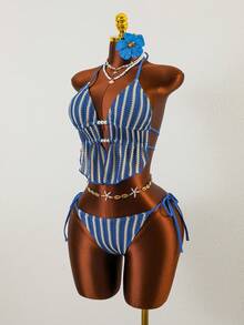 Swim Vcay 2026 New Thin Strap Spaghetti Strap Blue Textured Fabric Backless Side High Cut Tie Bikini Swimsuit 2-Piece Set For Women - Blue - View 4