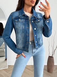 EURMUSE Flap Pocket Casual Comfort Denim Jacket - أزرق متوسط - مشاهدة 1