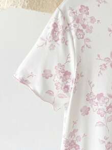 Tween Girls' Elegant Ditsy Floral Long Nightgown With Bow Collar, Cuff And Hem Trim, Knee-Length Sleepwear - Pink - View 4