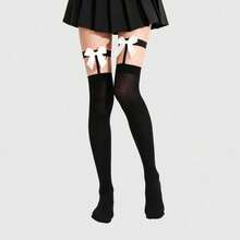 ROMWE Grunge Punk 1 Pair Gothic Punk Style White Bow Leg Garter & Black Thigh High Socks - Black 2 - View 5