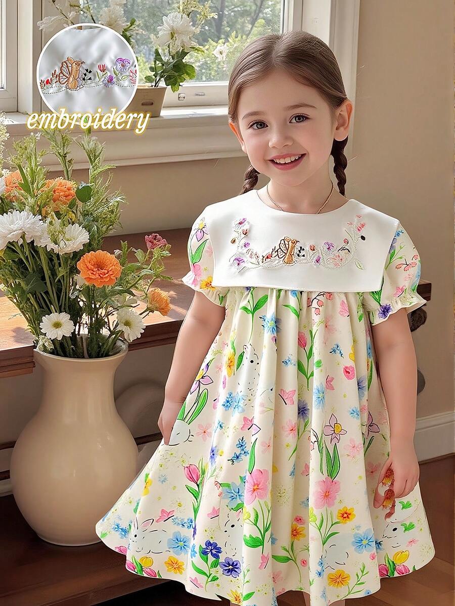 Souflis Souflis 女童春夏休闲可爱新款连衣裙,正面饰有可爱的刺绣兔子图案,白色梭织面料印有可爱的兔子数码印花,短泡泡袖,圆领设计,适合年轻女孩穿着,可爱活泼,优雅休闲时尚,适合日常穿着、上学、外出等场合,女童碎花图案连衣裙。动物图案女童连衣裙,复活节儿童连衣裙,春季音乐主题女童连衣裙,优雅派对连衣裙。夏季服装。优雅派对连衣裙。夏季服装。 - 黃色 - 查看 1