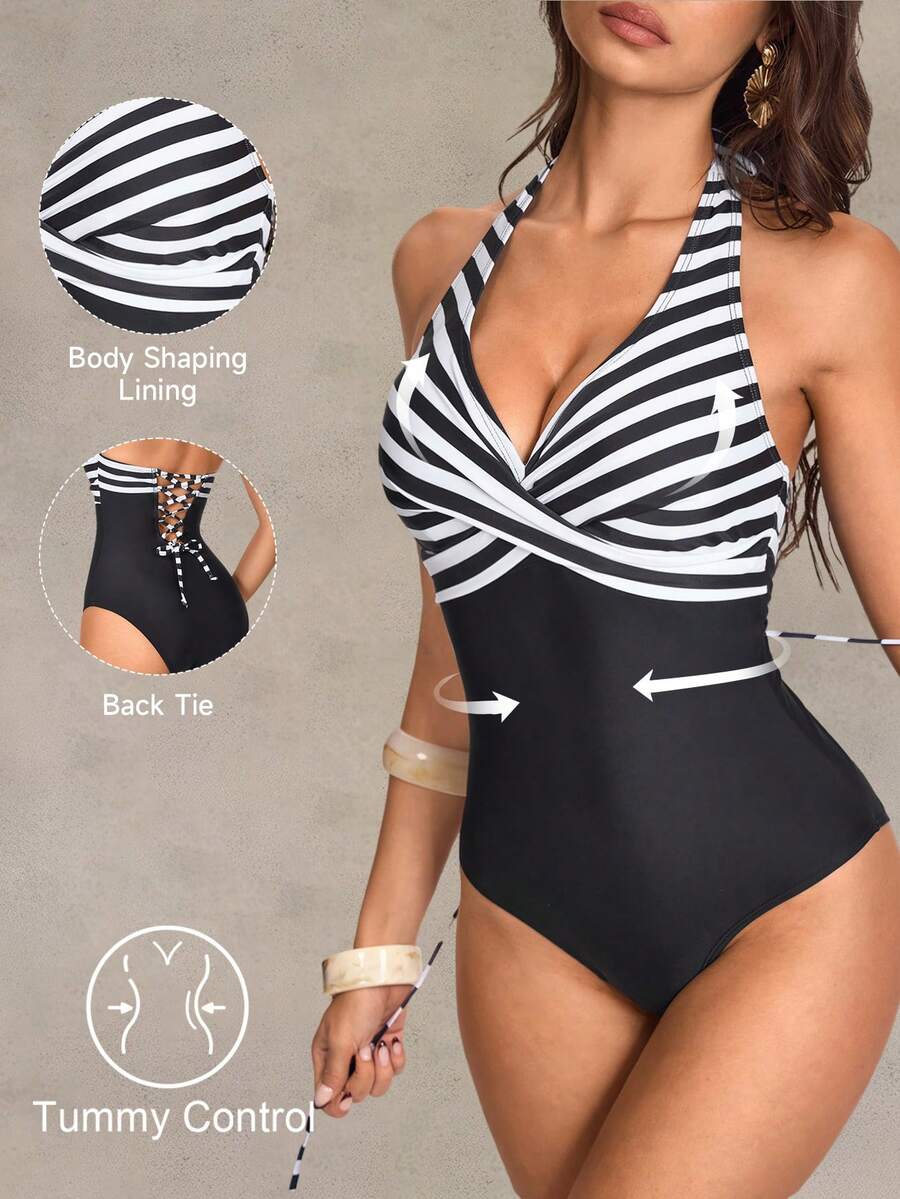 Shapewave Áo tắm liền thân cổ yếm kẻ sọc, thiết kế xếp ly chéo, phối sọc đen trắng, gấu áo ôm sát, dây buộc cổ yếm thanh lịch và gợi cảm có thể điều chỉnh. - màu đen - Xem 1