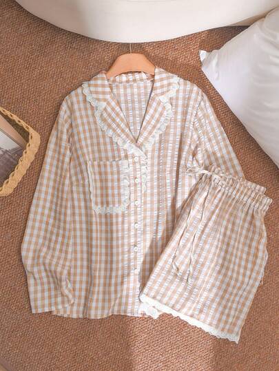 CosyJoli Plus Size Women's Casual 2 Piece Set, Plaid Outfit, Long Sleeve Top And Shorts Set, Apricot