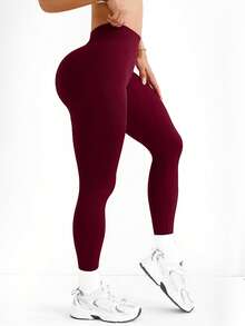 Seamluxe SHEIN Sport 女士高腰无缝酒红色运动紧身裤 - 酒紅色 - 查看 4